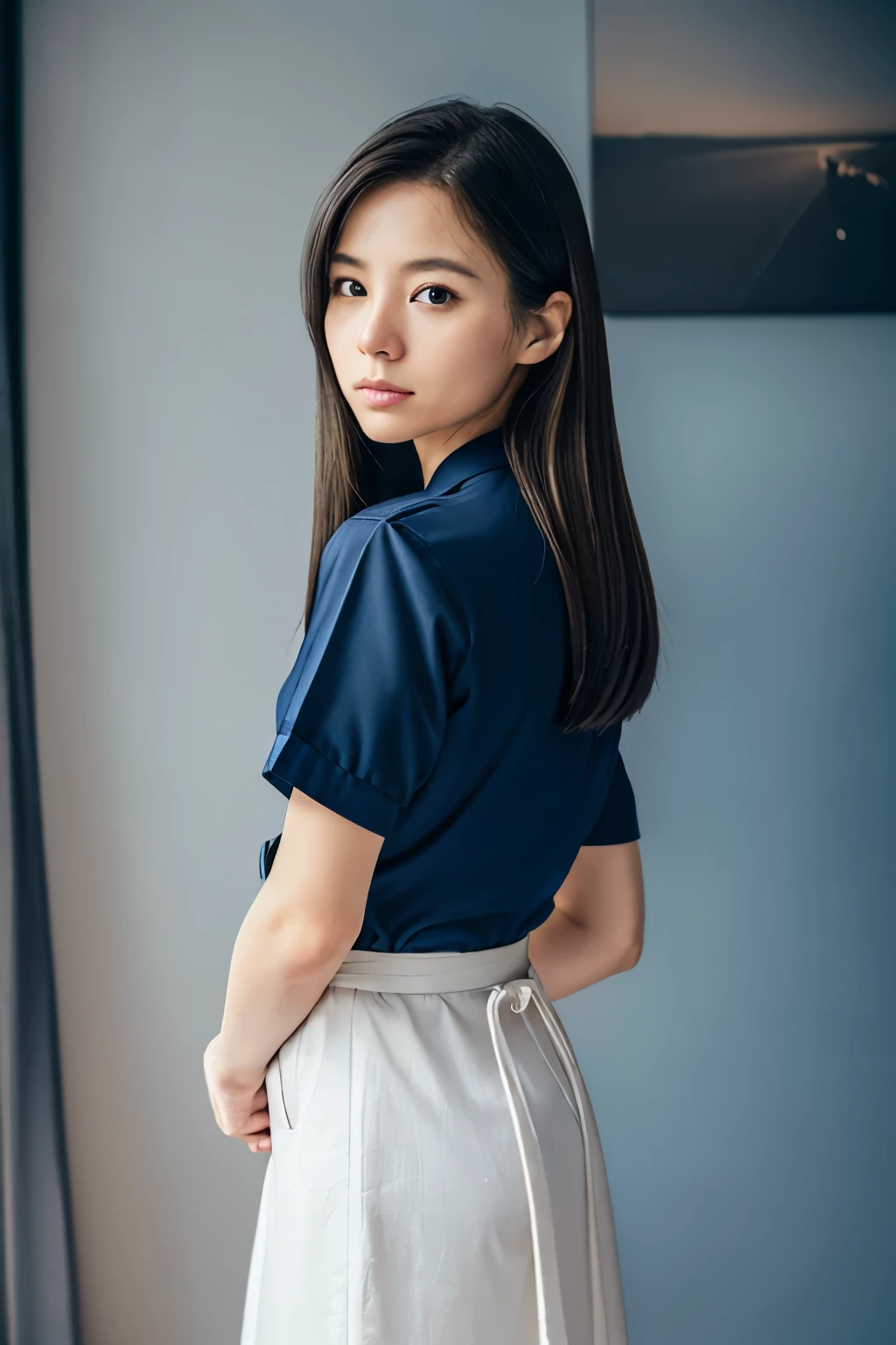 Tied up woman、(((Fold your hands behind your back、Cross your wrists)))、(Bind your wrists with a thin rope)、Beauty、Well-formed face、Shiny long black hair、Even out the eyes、Inside a luxurious room、Please show me your whole body、White short sleeve shirt、Navy Semi-Long Skirt、Panty lines、Wear pumps、Are standing、Age 25、Medium build、Like a real photo、Highest quality, Light brown hair, Straight hair, Shiny Hair, Part your lips, Anxious face, Surrealism, Hyperrealism, Verism, Cinema Lighting, tachi-e, First Person View, Nikon, 超High resolution, Anatomically correct hand, Highest quality, High resolution, 8K,