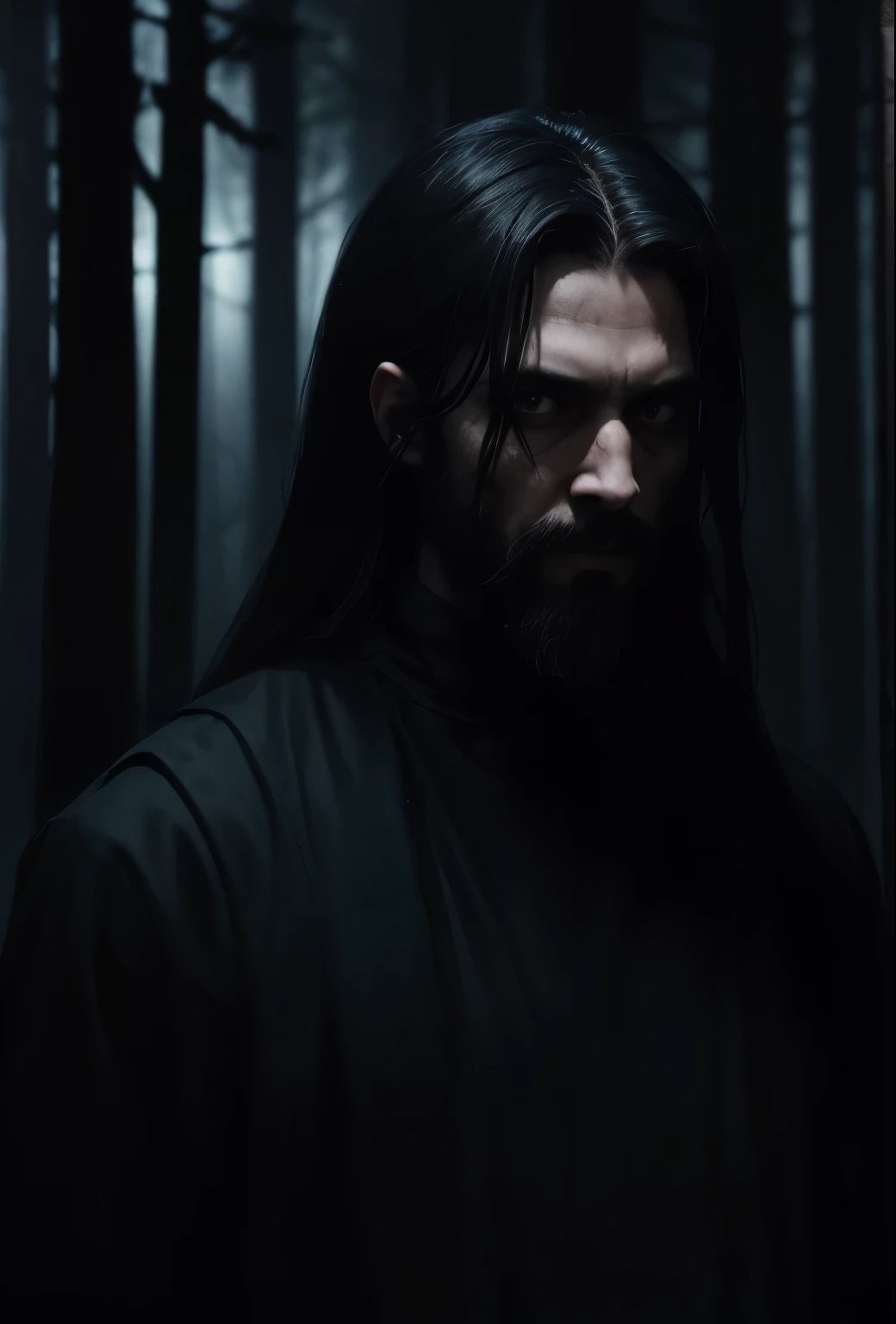 man in long black clothes with a small dirty beard in the middle of a dense forest at night, portraite, dark scenery, horror style, nightmarish, macabre dinner, horror film, scared character, twisted and otherworldly forest, blood-stained character, moonless night, desolate and destroyed place, apocalypto