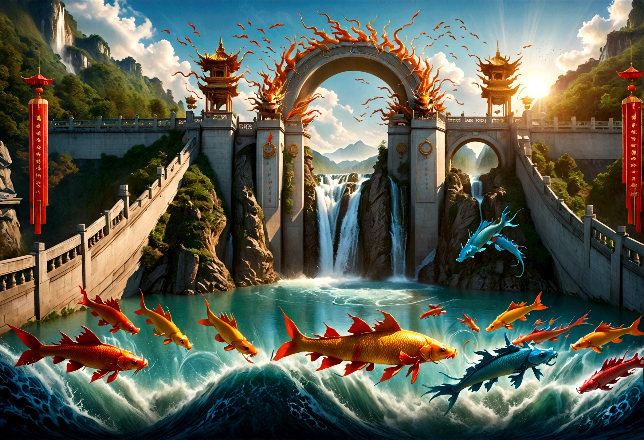 scene of Carp passing through the gate of heaven and turning into a dragon, one at the top turns into a carp with the head of a dragon, Chinese dragons are very beautiful, many carp are jumping from the water surface above the waterfall, Depth of field perspective Large, Vivid waterfall effects and details, Excellent image quality, High resolution