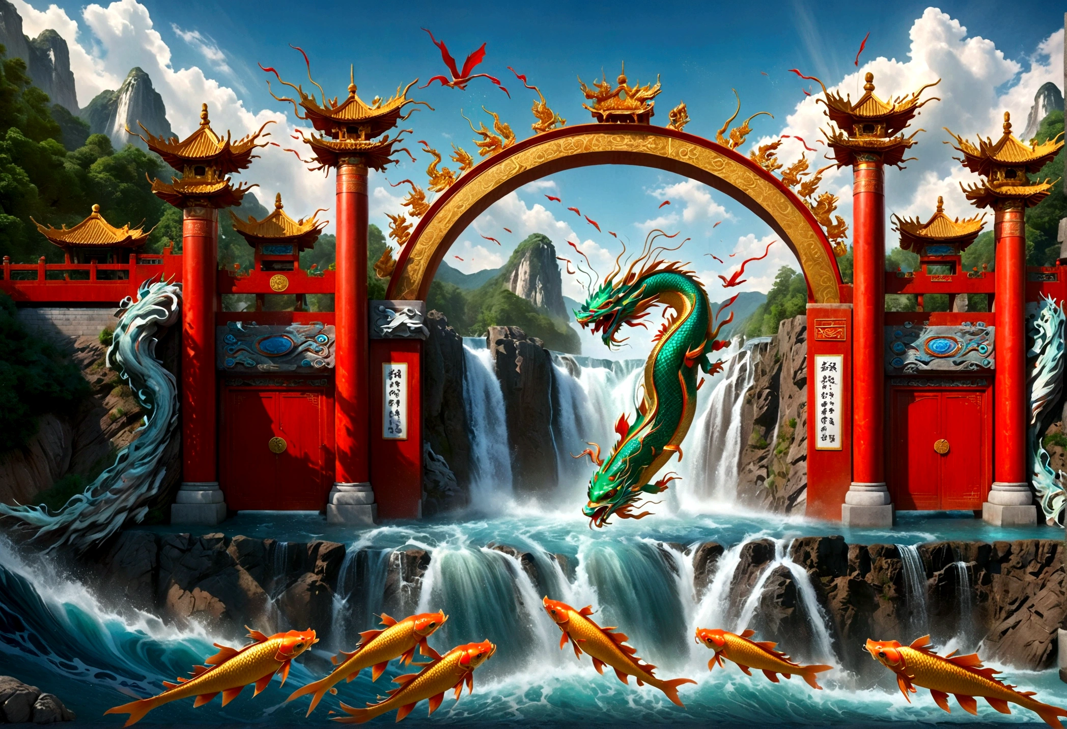 scene of Carp passing through the gate of heaven and turning into a dragon, one at the top turns into a carp with the head of a dragon, Chinese dragons are very beautiful, many carp are jumping from the water surface above the waterfall, Depth of field perspective Large, Vivid waterfall effects and details, Excellent image quality, High resolution