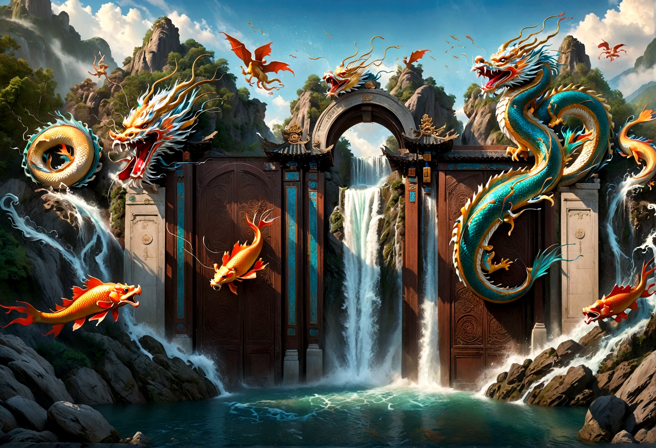 scene of Carp passing through the gate of heaven and turning into a dragon, one at the top turns into a carp with the head of a dragon, Chinese dragons are very beautiful, many carp are jumping from the water surface above the waterfall, Depth of field perspective Large, Vivid waterfall effects and details, Excellent image quality, High resolution