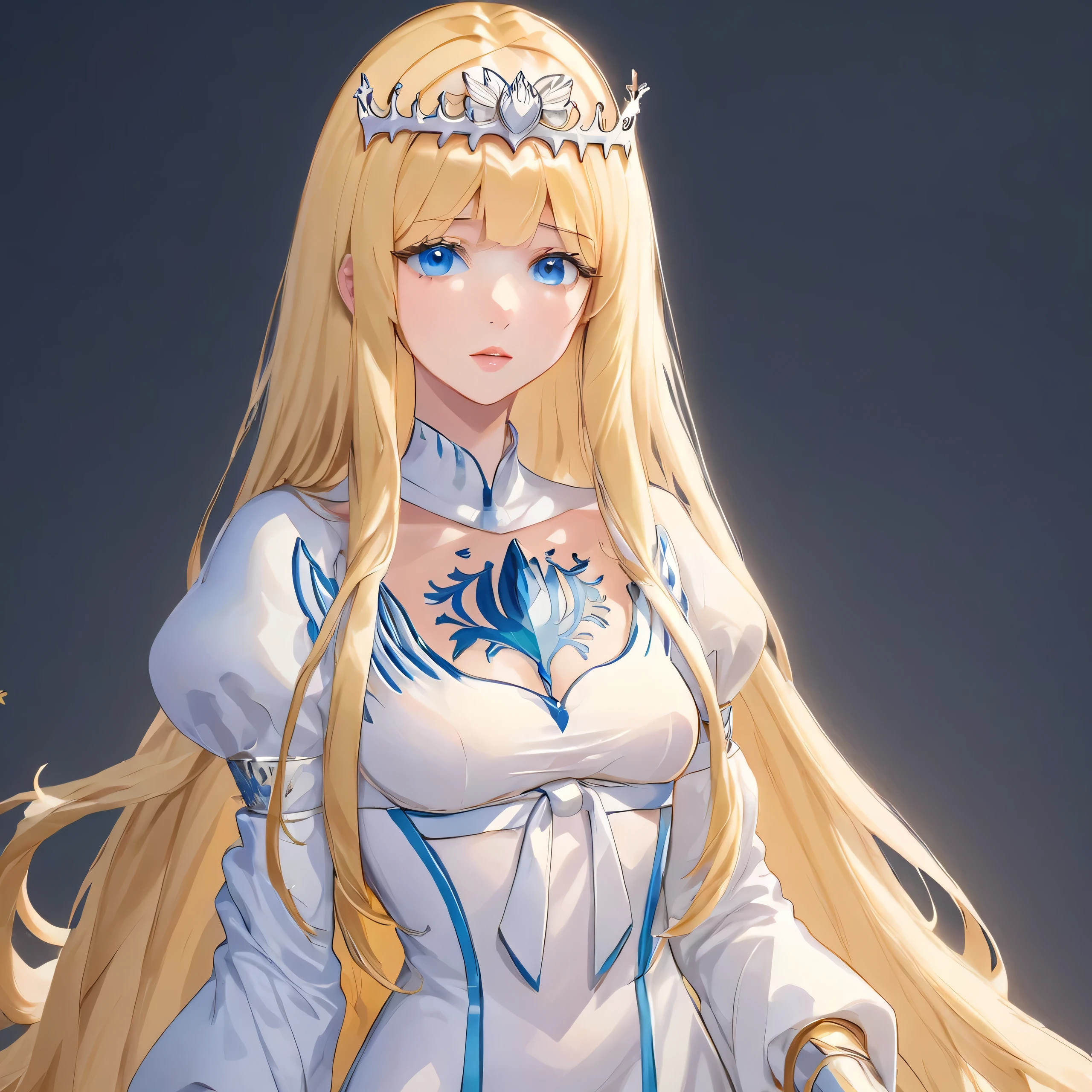 ultra-detailed,(best quality),((masterpiece)),(highres), original,,, zoom layer, looking at the viewer,holding the flower, upper body, ,1girl, solo, Calca, Calca Bessarez, blonde hair, (extremely long hair:1.3), very long hair, white tiara, white dress, blue eyes, medium chest, extremely long hair, medium breast