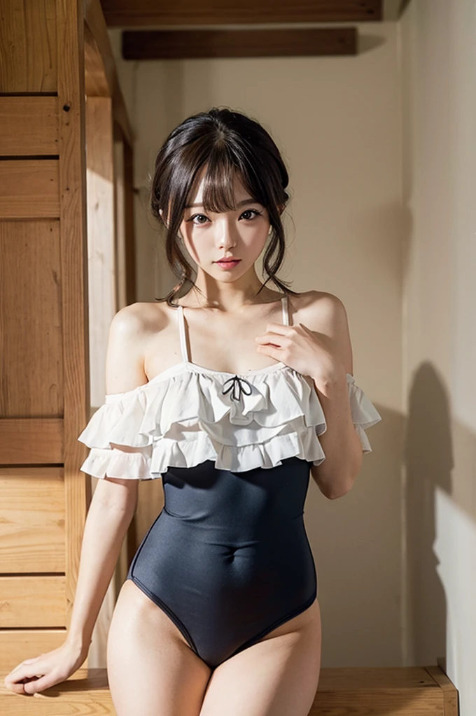 ((Highest quality)), ((masterpiece)), (detailed), Perfect face masutepiece, Best Quality, Illustration, Ultra-detailed, finely detail, hight resolution, 8K Wallpaper, Perfect dynamic composition, Beautiful detailed eyes, Medium Bob Hair, very Small breasts 、Natural color lip, Bold sexy poses,20 years girl、Cute、sexy shot looking at camera、wide angle、see-through, wearing a one-piece swimsuit, gravure、full BODY、
