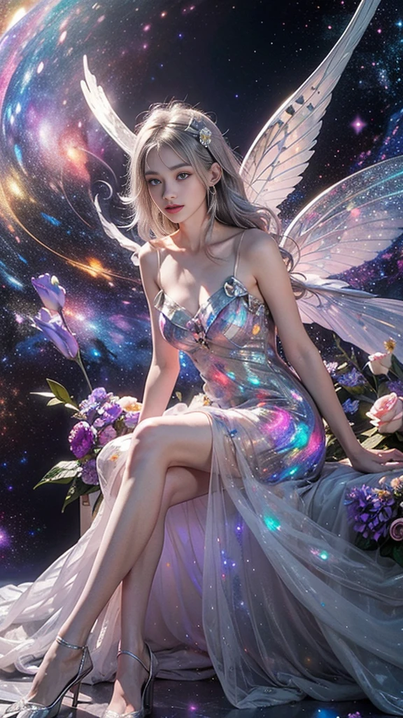 4k ultra hd, masterpiece, a girl, good face, detailed eyes, detailed lips, flower fairy girl, big wings, transparent wings, neon lights, (galaxy background:1.5), (flower dress:1.8), (silver dress:1.5), in the heaven, sitting,