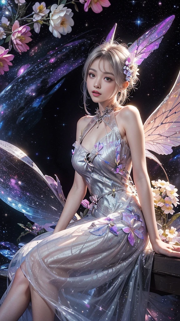 4k ultra hd, masterpiece, a girl, good face, detailed eyes, detailed lips, flower fairy girl, big wings, transparent wings, neon lights, (galaxy background:1.5), (flower dress:1.8), (silver dress:1.5), in the heaven, sitting,