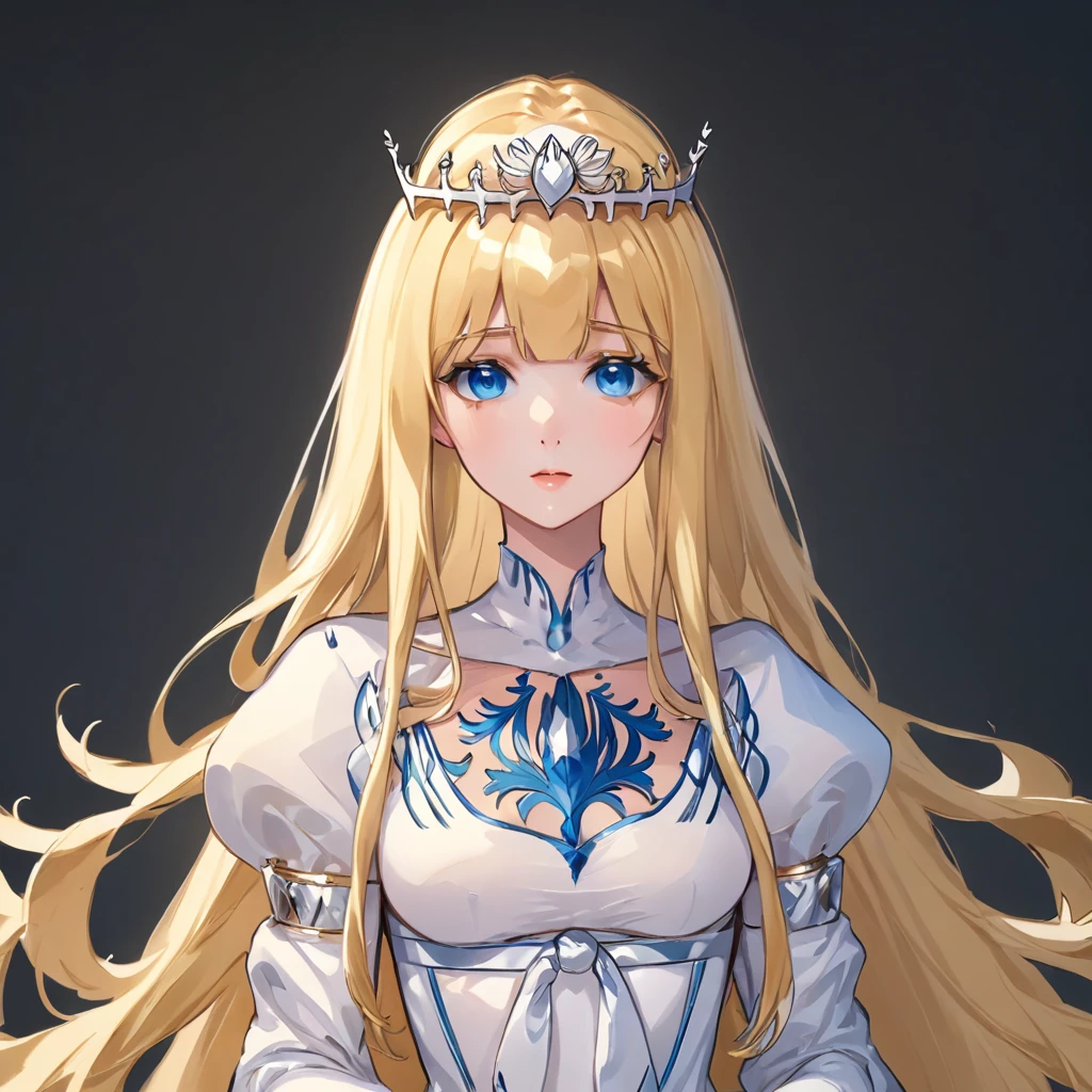 ultra-detailed,(best quality),((masterpiece)),(highres), original,,, zoom layer, looking at the viewer,holding the flower, upper body, ,1girl, solo, Calca, Calca Bessarez, blonde hair, (extremely long hair:1.3), very long hair, white tiara, white dress, blue eyes, medium chest, extremely long hair, medium breast