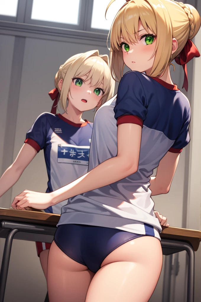 1girl,fgonero, nero, ahoge, blonde hair, (green eyes:1.5), hair between eyes, hair intakes,
BREAK braid, buruma, french braid, gym shirt, gym uniform, hair bun, headband, official alternate costume, red buruma, red headband, single hair bun,
BREAK looking at viewer, standing, leaning forward, arms behind back,
BREAK indoors, classroom,
BREAK (masterpiece:1.2), best quality, high resolution, unity 8k wallpaper, (illustration:0.8), (beautiful detailed eyes:1.6), extremely detailed face, perfect lighting, extremely detailed CG, (perfect hands, perfect anatomy),
