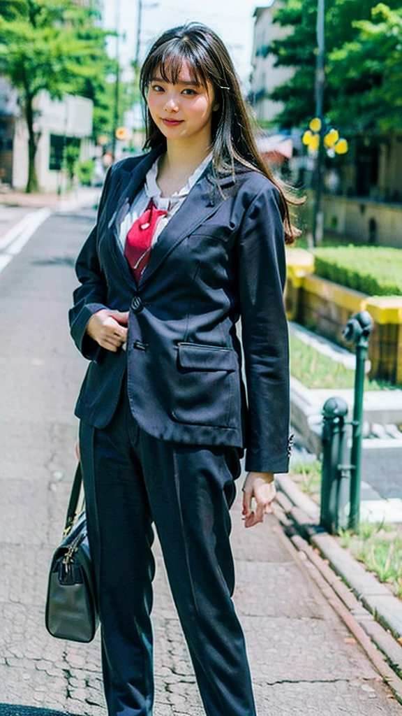 (8k、RAW Photos、highest quality、masterpiece:1.2)、(Realistic、Realistic)、1 girl、((large size black suit、red tie、rub my chest、pants suit、turn knees out、pelvic forward、over size suit、Woman grabs her own breasts、boyish、tom boy、public indecency、bend knees、 sexy suit、mens suit、large suit、hutanari 、grabbing breasts、 Leg spread、Bow-legged、Touching as if groping the breasts、Wide Stride、Leg spread、smile、plastic frame eyewear、sexy、I can see your chest、View from the front、Stand with hands on hips、In the city))、