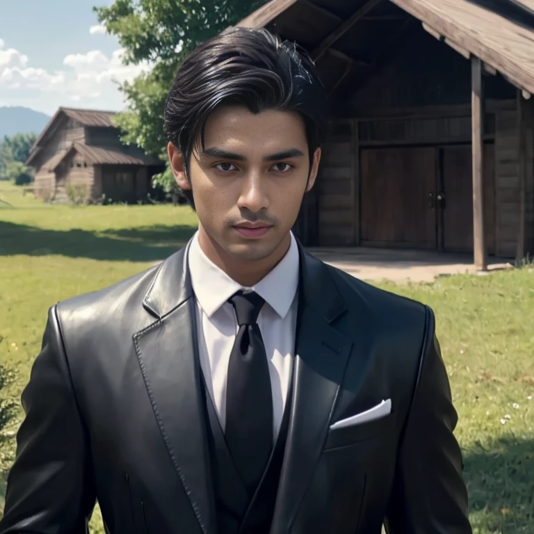 Aarav looks at the camera, perfect handsome face, A well-maintained model, handsome face, handsome man, Handsome and charming, A young man with a beautiful face, handsome man, Handsome young man's face, smooth hair back, Asian man. Close-up of a man wearing a black leather jacket., Southeast Asians with round faces, 3-D profile picture, 8K, 45,000,000 pixcls, realistic light colors