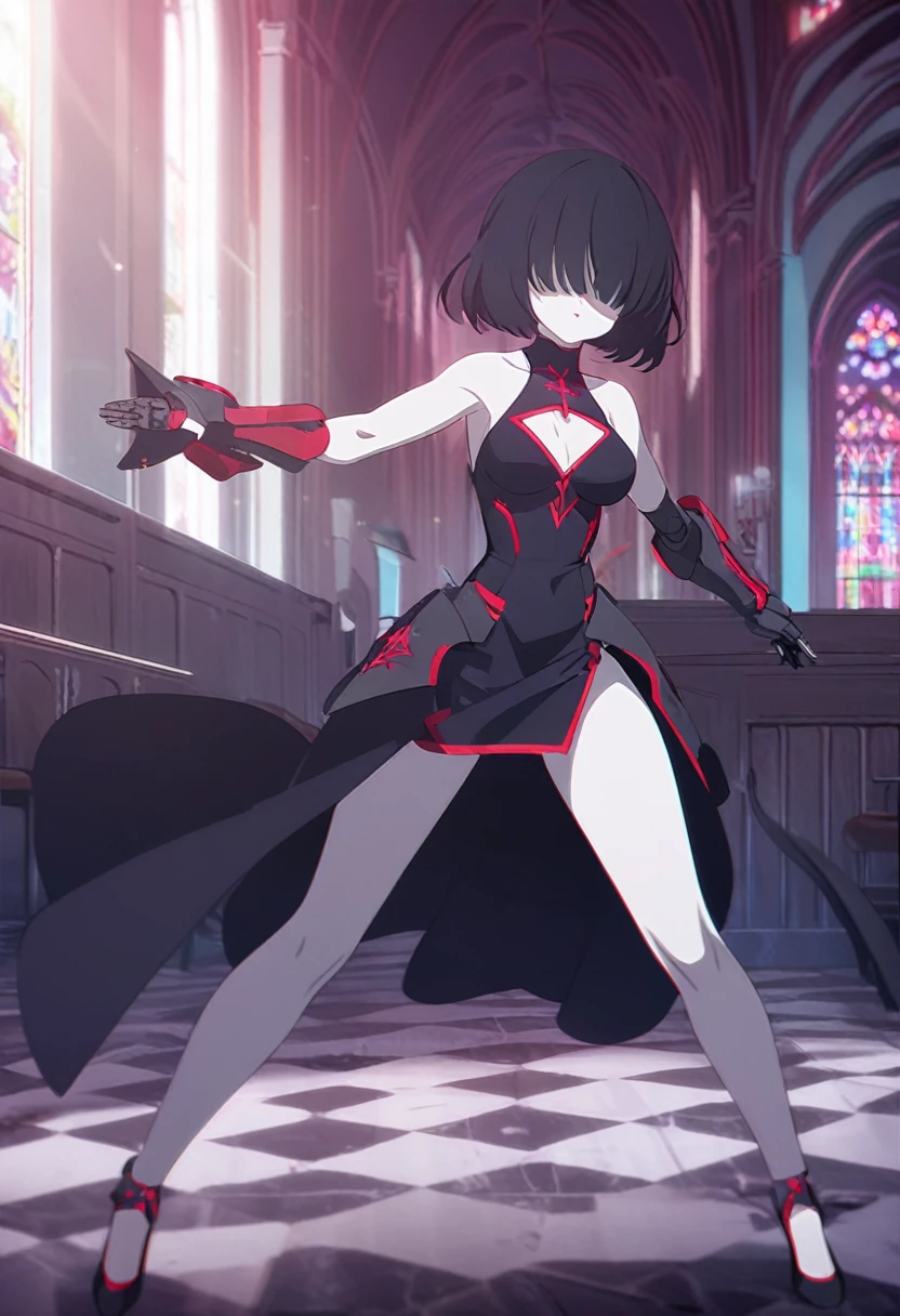 1girl, bare shoulders, clothing cutout, sleeveless, iron virgin armor, iron armor, red neon, black hair, turquoise bangs, very short hair, hair over eyes, pale skin, medium breasts, turquoise eyes, black dress, church, combat pose, (masterpiece), best quality, anime style, full body