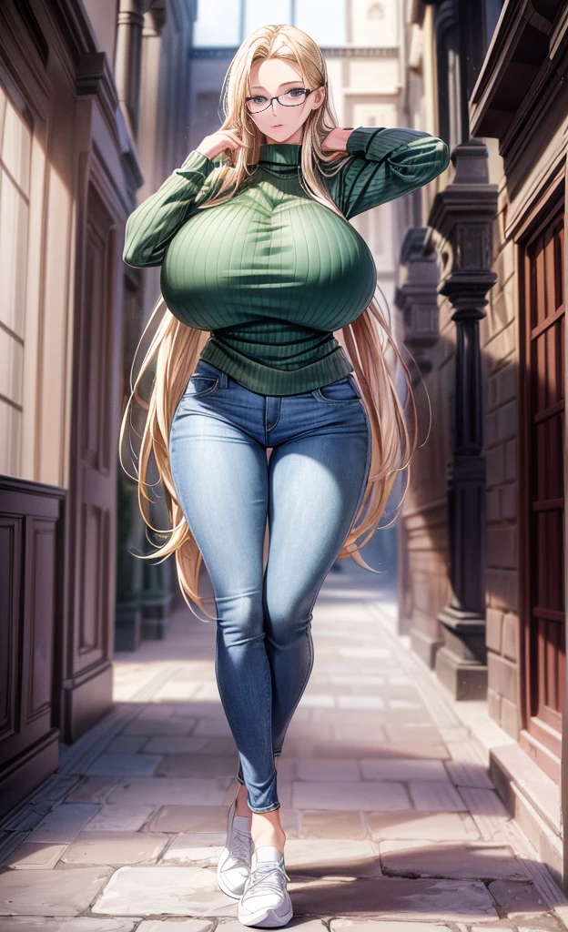 Masterpiece, extremely magnificent view, perspective, extreme best quality, extremely detailed cg, 8k wallpaper, ultra high resolution, Highly detailed face, highly detailed eyes, perfect anatomy, super detailed skin, Not safe for work,
(dynamic angle, casual pose:1.2), outdoor, center, (legs focus, full body:1.3), (beautiful face, pretty eyes, pretty legs),
1 girl, 20 years old, European woman, blonde hair, straight hair, long blonde hair, reading glasses, forehead, blue eyes, with ((((( huge fake breasts:48.7 )))), hard nipples, (green sweater), skinny, wide hips, thin waist, ( blue skinny jeans pants), (white sneakers)