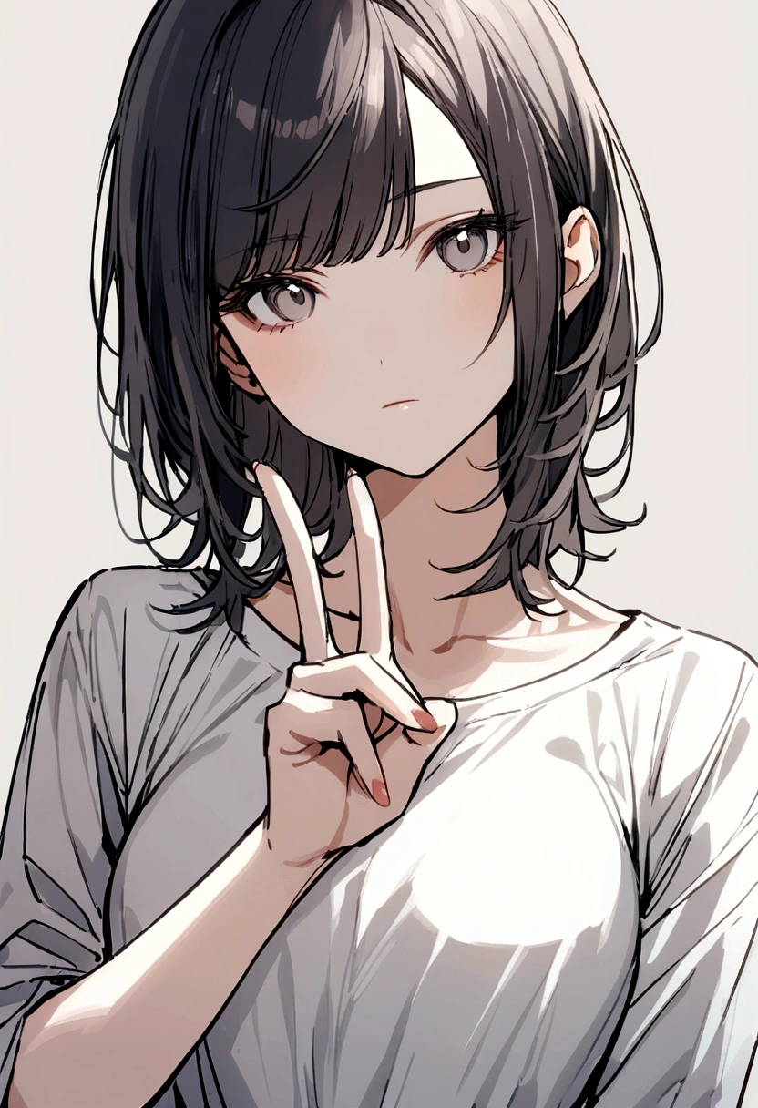 Women、Expressionless、TWearing a shirt、Making a peace sign