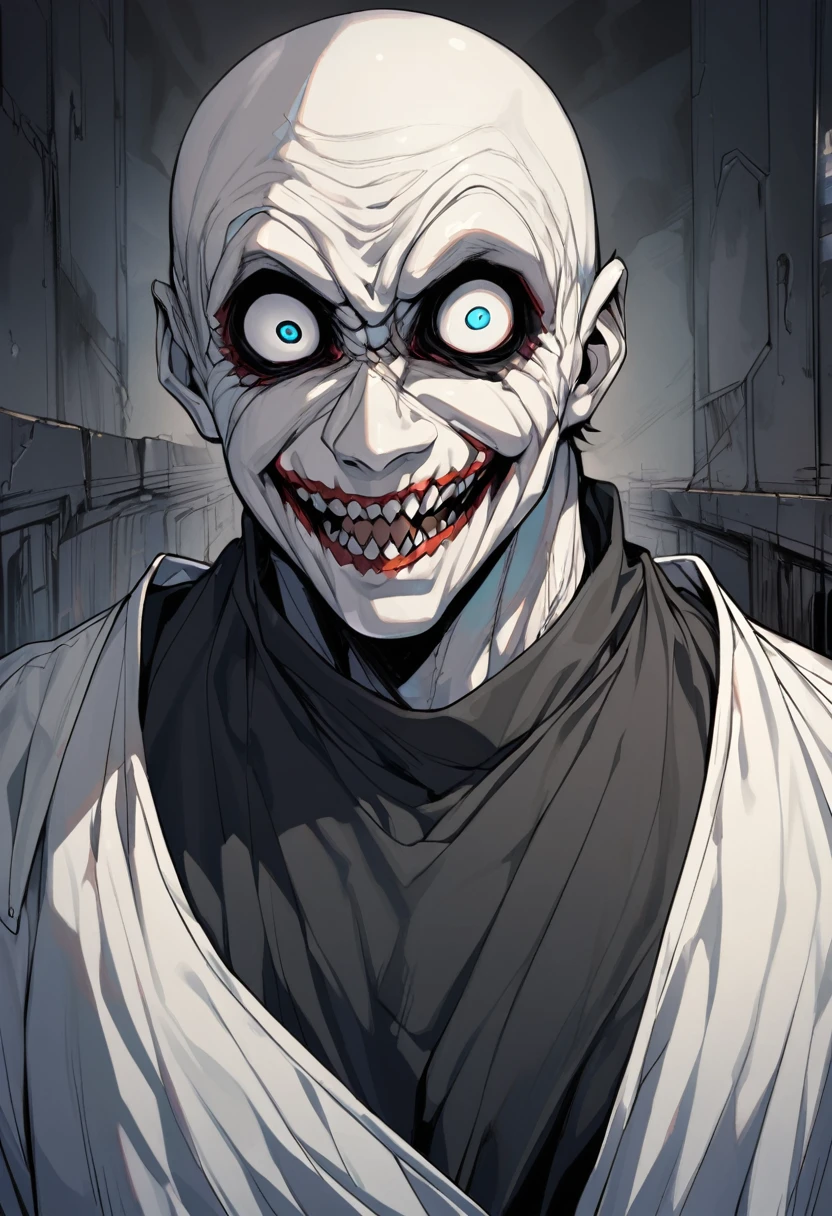 20 year old white guy with short black hair, scary eyes, psychopath smile, black shirt