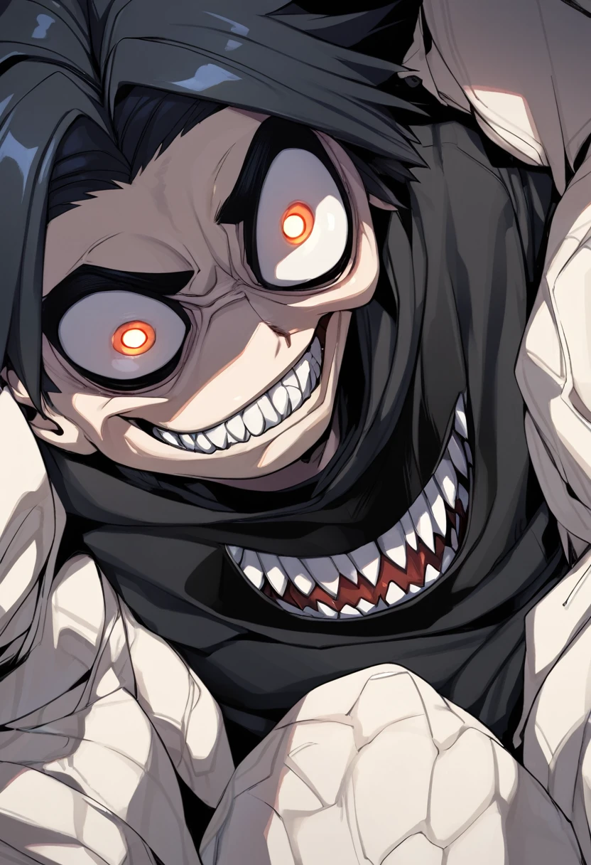20 year old white guy with short black hair, scary eyes, psychopath smile, black shirt