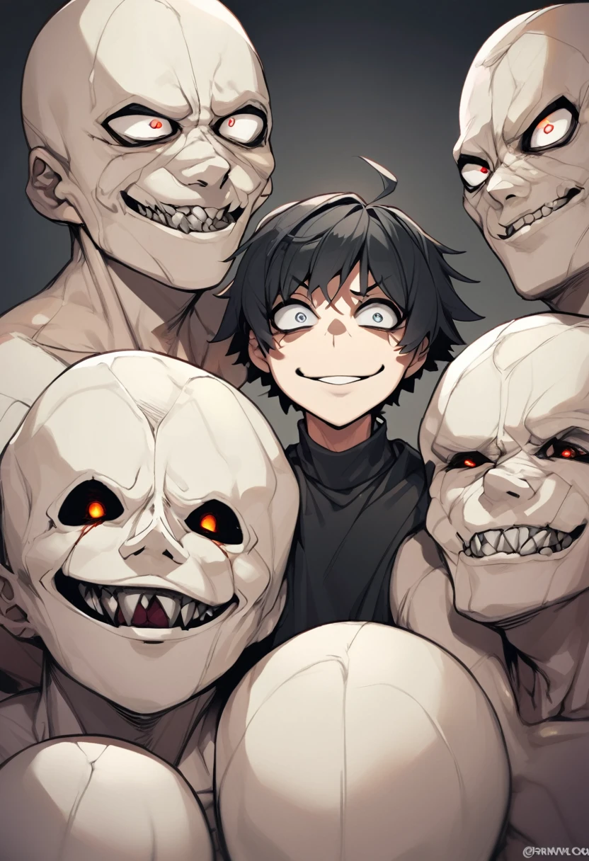20 year old white guy with short black hair, scary eyes, psychopath smile, black shirt