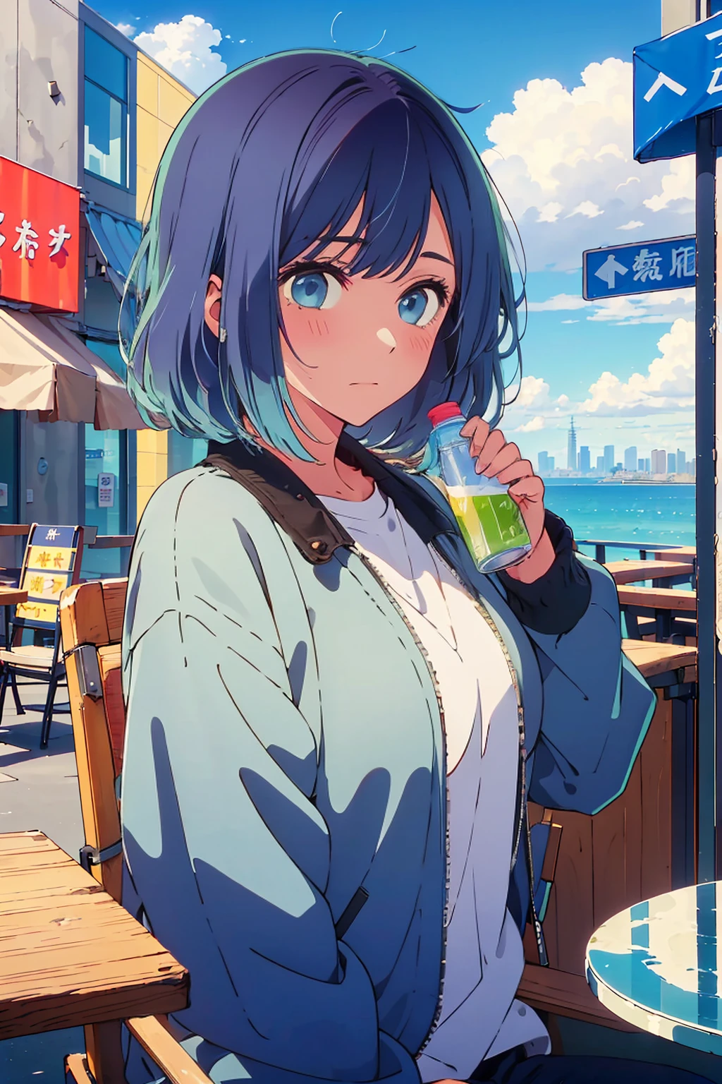 (Highest quality:1.4、8K:1.4、detailed)、F cup bust、Big Breasts、Slim body、Very white beautiful skin、((((1 person、Surprised expression、sit、Chair、In the background are the urban buildings of Tokyo、looking at the camera、Outdoor café terrace、coastal、Navy hair color、juice、Shooting up close、table、Very cute face))))、(Covering nipples with hands:1.4)、Very blue sky、A completely cloudless sky