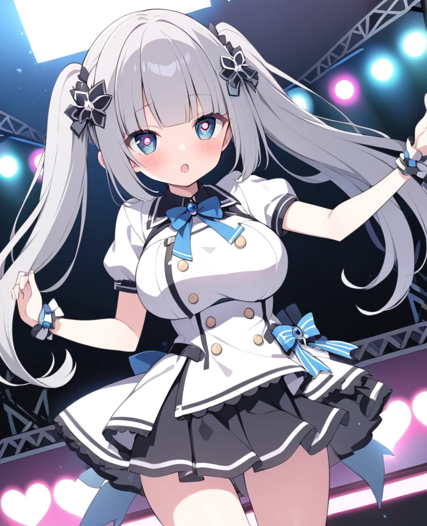 Monocoro, Gray Hair, Twin tails, Hair Pod, hair ornaments, Blunt bangs, Side Lock, blue eyes, Heart-shaped pupils,, Large Breasts, Live Stage, alone,