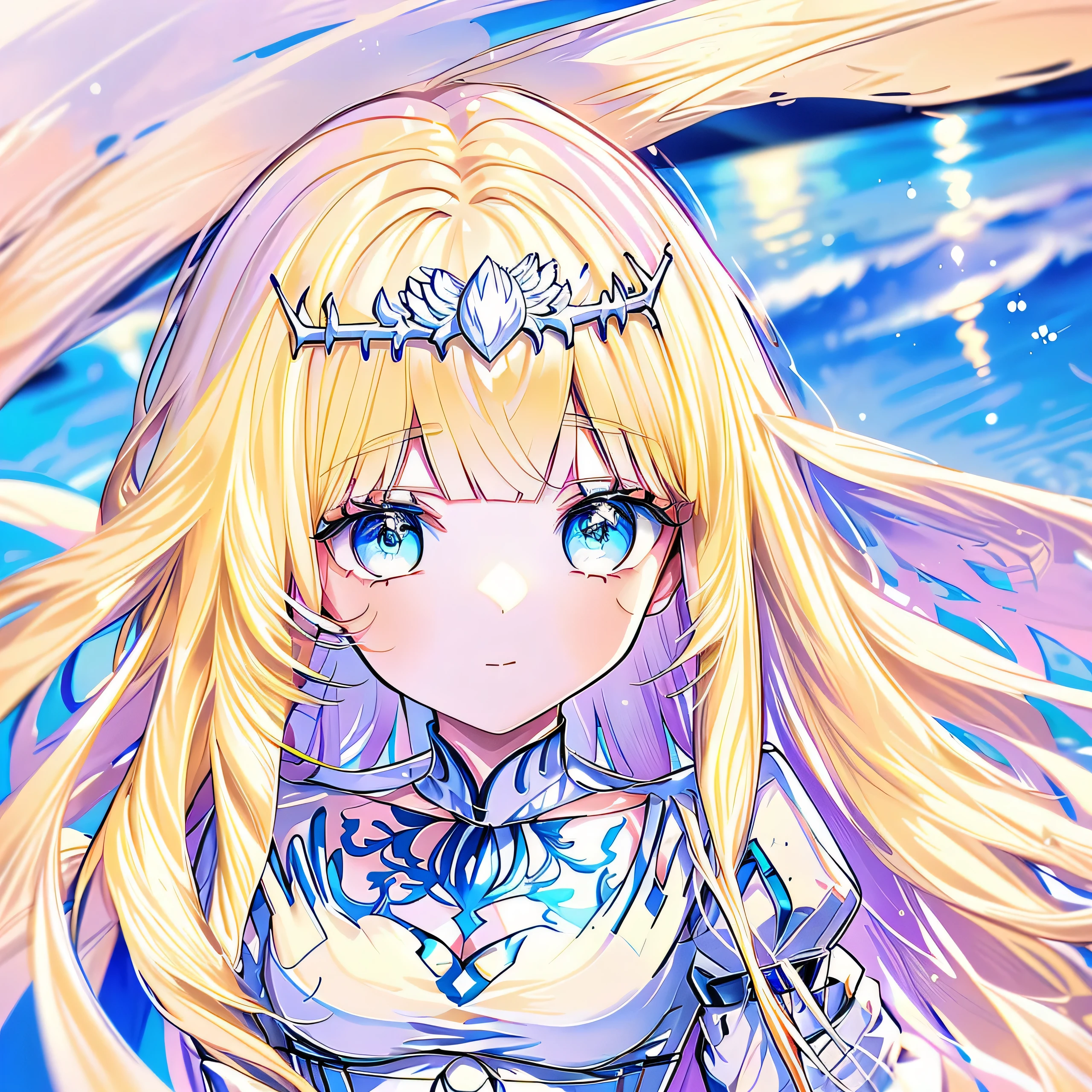 (masterpiece,highest quality,Super detailed drawing), pastel colour, ,1girl, solo, Calca, Calca Bessarez, blonde hair, (extremely long hair:1.3), very long hair, white tiara, white dress, blue eyes, medium chest, extremely long hair, medium breast
