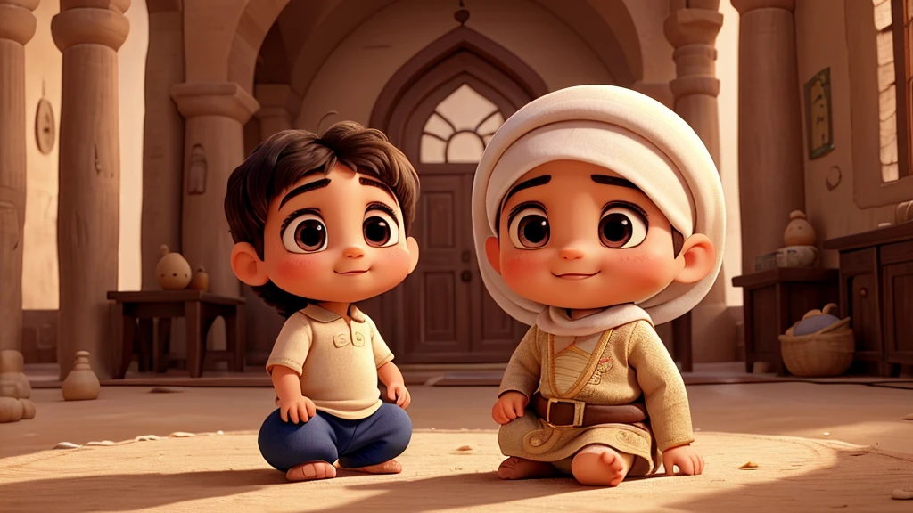 Baby Musa depicted with soft, round features and innocent, curious eyes, reflecting his Middle Eastern heritage in an old house in Egypt. His expression conveys wonder and trust, with big smile ,with eyes widened in curiosity as he observes the world around him. The animation theme focuses on innocence and vulnerability, with gentle and tentative movements depicting his early interactions with the world.