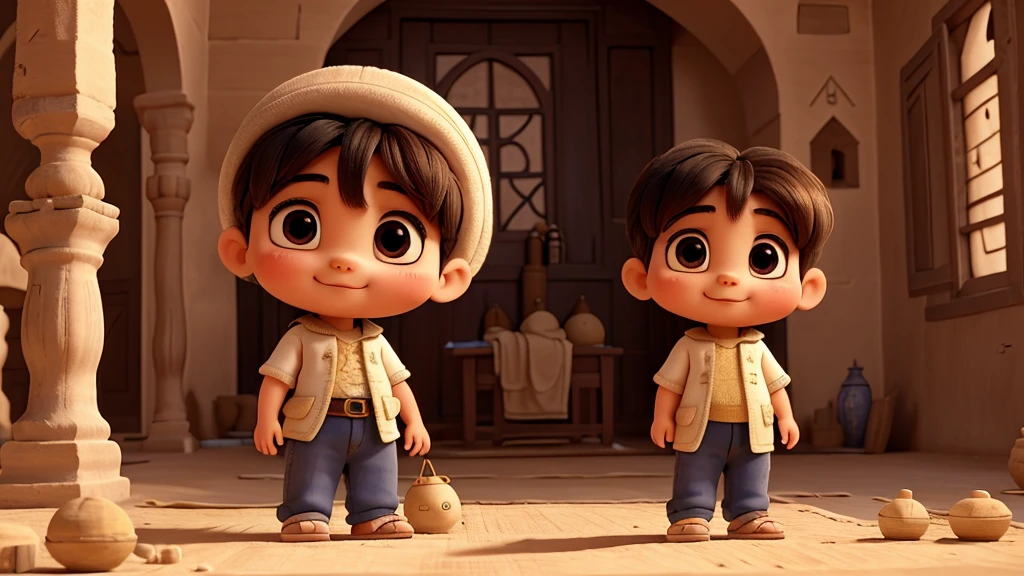  Musa depicted with soft, round features and innocent, curious eyes, reflecting his Middle Eastern heritage in an old house in Egypt. His expression conveys wonder and trust,  with big smile ,with eyes widened in curiosity as he observes the world around him. The animation theme focuses on innocence and vulnerability, with gentle and tentative movements depicting his early interactions with the world.