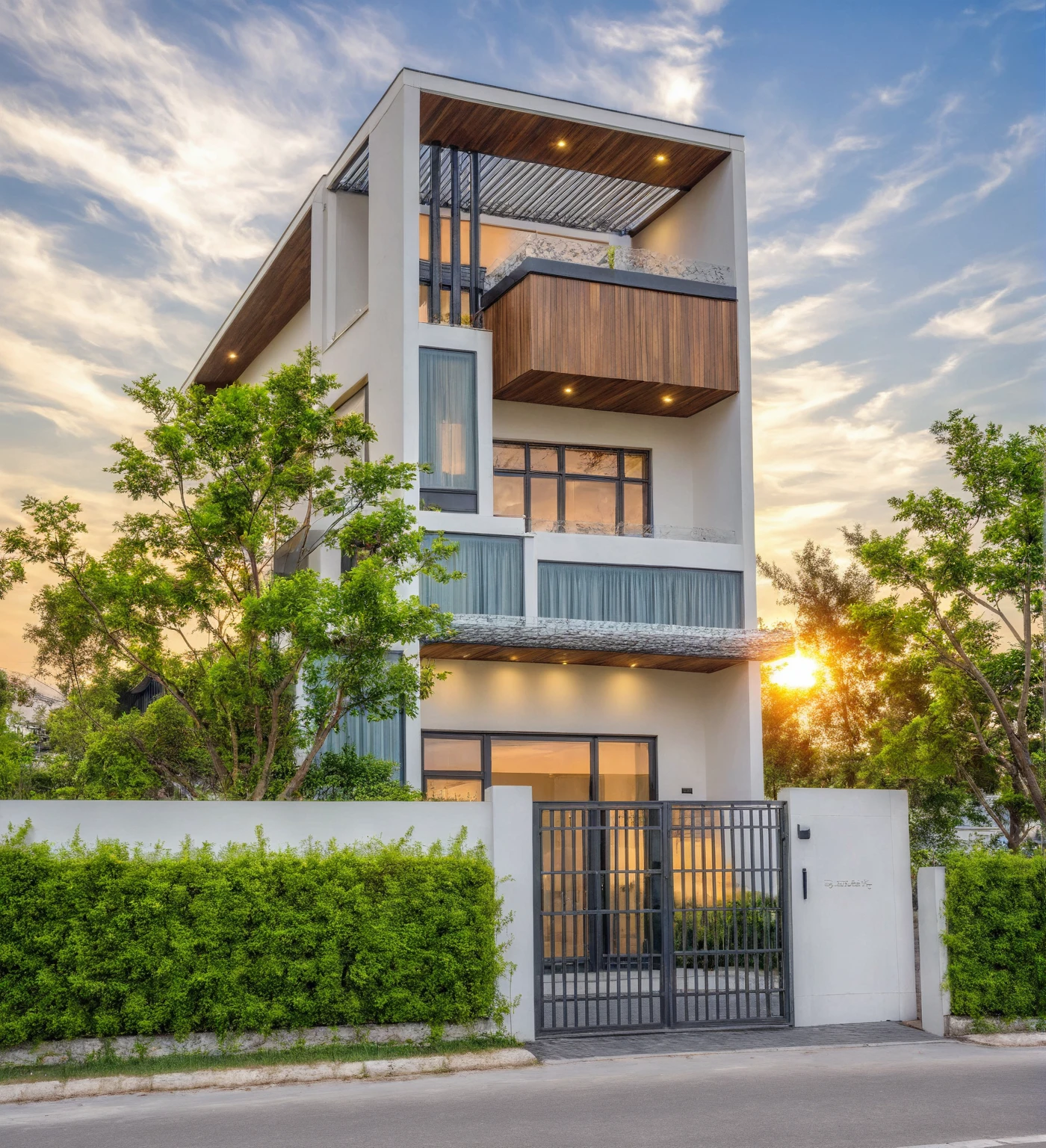 Masterpiece, high quality, best quality, authentic, super detail, outdoors, house style modern, bietthuhn, white wall, glass windows, gate road, pavement, grass, trees, Beautiful_sky, SUNSET, (day:1.1), realistic lighting