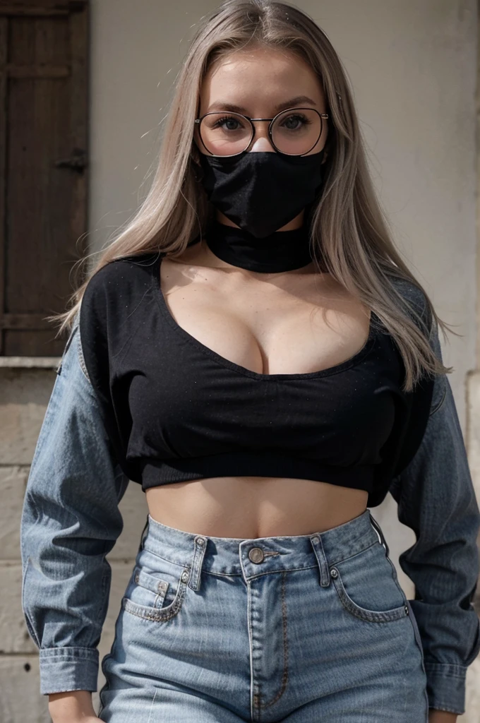 fille blonde , cheveux long , visage doux , nez fin , grosses lunettes bordure noir , croptop blanc , jean bleu large , echarphe noir autour du coup 