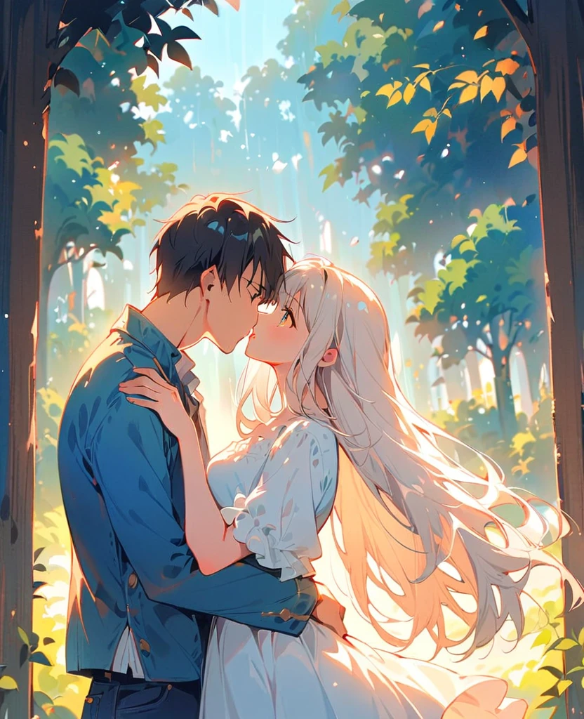 (Highest quality:1.2), 1 Girl, 1 boy, Face to face, Looking at each other, Stand apart, both Stand apart, kiss, Blue Jeans, whole body, Fine grain, Detailed lips, Beautiful atmosphere, Sunlight filtering through the trees, Vibrant colors, Landscape Background, Soft lighting, Breeze, Romantic moments