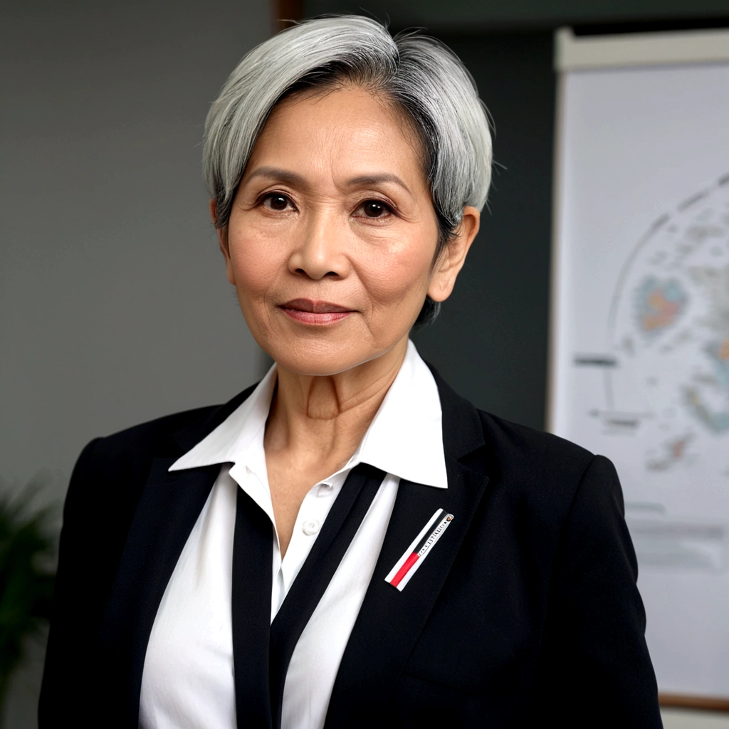 a sixty years woman, Indonesian face, sociologist, friendly, caring face, peaceful face, facing camera, black-silver hair, collar-short hair, fashion hair cut, black blazer, white shirt, standing-talking in an executive meeting, fantastic photoshot, dramatic angle, extremely detailed, uhd, 8k, dramatic light, infographic chart background