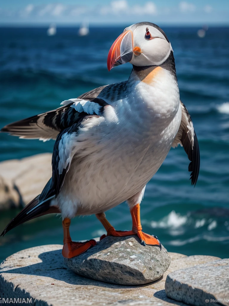 realistic photo of a puffin, with its beak full of small fish. He is on top of a rock and has the blue ocean as a background. Stunning detail, stunning realism, stunning 8k definition, stunning focus. The most fantastic photo ever made.