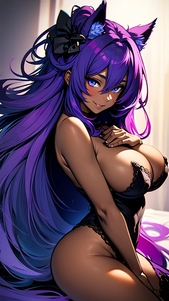 Masterpiece, nude dark-skinned woman, with cat ears and fox tail, smiling, lying on her side (very detailed), sideways, sideways photography, wearing G-string panties, panties stretched to waist, panties purple, big ass, full breasts, thick and toned thighs, no bra, breasts showing, breasts showing, squeezing the breasts with the hand, covering the nipples with the hand, long hair, purple hair, in a sensual look, sexy position , solid bottom, high butt, Extremely detailed contrast and solid colors
