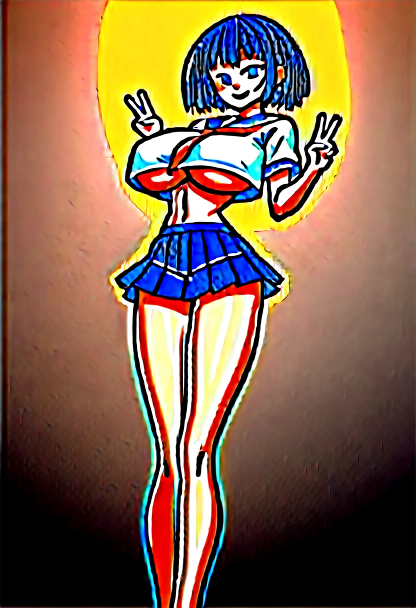 (masterpiece, best quality:1.2), front shot, beautiful 1girl, (super big breasts, micro waist, very long legs:1.3), Black hair, short bob hair, short height, scrawny and thin body, Light Skin, cute big eyes, cute beautiful thin face, forced smile, serafuku, mini skirt, pigeon-toed, (Arched back), wet and sweaty, visible ribs, Long and thin navel, V sign, Trembling, Intense sex with ugly man, the man is huge penis and huge hand