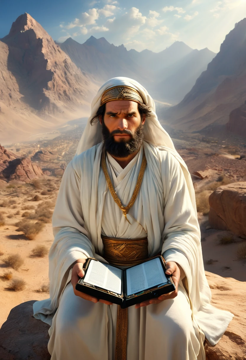 high resolution, Imagination, (realistic), Moses with the tablets of the ten commandments on Mount Sinai facing the camera