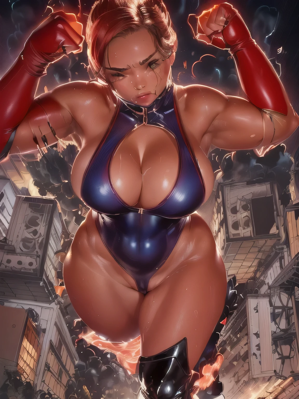 An exhibitionist woman in a string leotard pumps her fist in the street, 全naked, Giant art, Shiny red string leotard, Shiny red knee-high boots, highly detailed Giant shot, macro Giant, Muscle sweat, The lower half of the body is exposed, Very detailed fan art, Giant, Genitals are visible, Pubic hair is visible,Thighs are bare,A gigantic flasher heroine trampling the town,A giant heroine marches, kicking up rubble and dust.,Genitals fully exposed,Genitals are visible,Bikini digging into genitals,Sweating profusely,Sweaty,Overlooking the city,naked,Pubic hair is visible,The crotch of her thin leotard is digging into her genitals,Genitalia is visible,