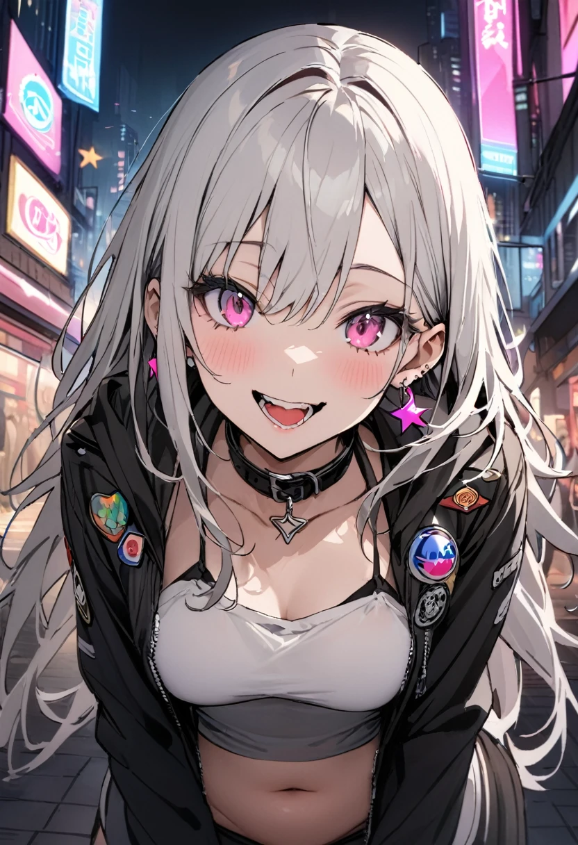 (masterpiece:1.2)、Highest quality、PIXIV、Rebellious girl、One girl、Open your mouth、鋭いteeth、teeth、Long Hair、Street background、gem、badge、ボタンbadge、Food、Pink Eyes、Earrings、Jacket、eyelash、Foodを下にして、star (symbol)、Upper Body、Characters in clothes、zipper、collar、cable、chain、tongue、Stickers、hoodie、smile、spike、Focus on the viewer、長いtongue、Chest in the center、Shoulder Bare、Belly button、Black and white hair color,leaning forward,Cyberpunk city,Night view,Black and white grey outfit
