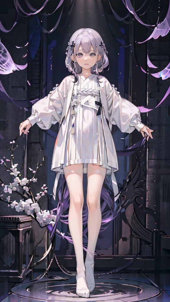 boy thoughtful look open forehead. white and purple hair braided in a ponytail on the left side to one side. sinuous black horns wrapped in dark purple ribbon. pale violet eyes. in short dark purple shorts. long white T-shirt. dark purple knee-high socks. white long coat with hood. black limit stone walls purple light from lamps