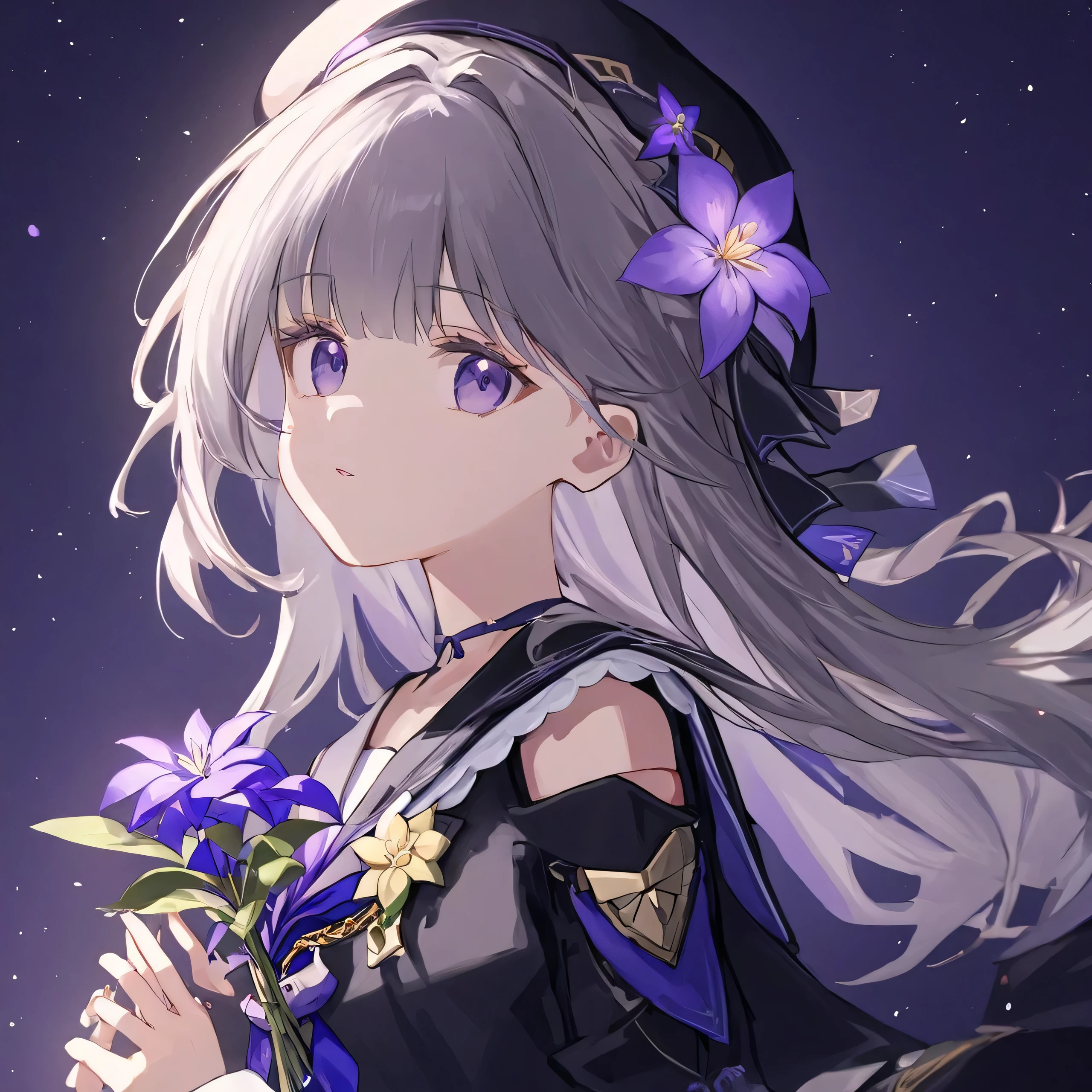 ultra-detailed,(best quality),((masterpiece)),(highres),original,extremely,Herta,1girl,solo,hat,holding,zoom layer,looking at viewer,holding flower,beret,long sleeves,sailor collar,neckerchief,upper body,ribbon,grey hair,head tilt,black dress, 1girl, solo