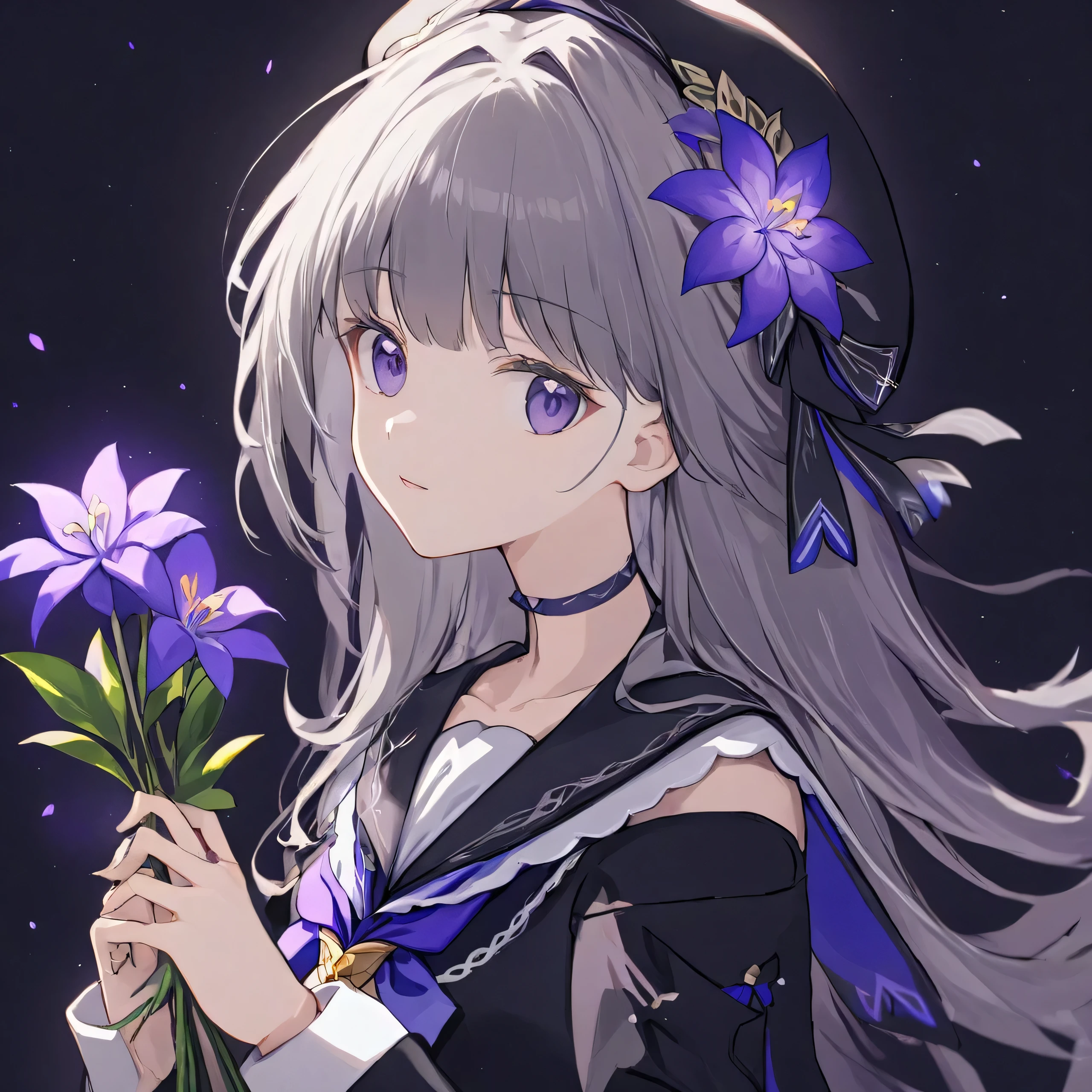 ultra-detailed,(best quality),((masterpiece)),(highres),original,extremely,Herta,1girl,solo,hat,holding,zoom layer,looking at viewer,holding flower,beret,long sleeves,sailor collar,neckerchief,upper body,ribbon,grey hair,head tilt,black dress, 1girl, solo