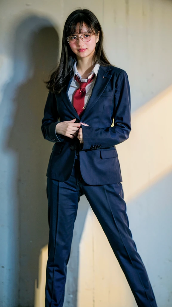 (8k、RAW Photos、highest quality、masterpiece:1.2)、(Realistic、Realistic)、1 girl、((large size black suit、red tie、rub my chest、pants suit、turn knees out、pelvic forward、over size suit、Woman grabs her own breasts、boyish、tom boy、public indecency、bend knees、 sexy suit、mens suit、large suit、hutanari 、grabbing breasts、 Leg spread、Bow-legged、Touching as if groping the breasts、Wide Stride、Leg spread、smile、plastic frame eyewear、sexy、I can see your chest、View from the front、Stand with hands on hips、In the city))、