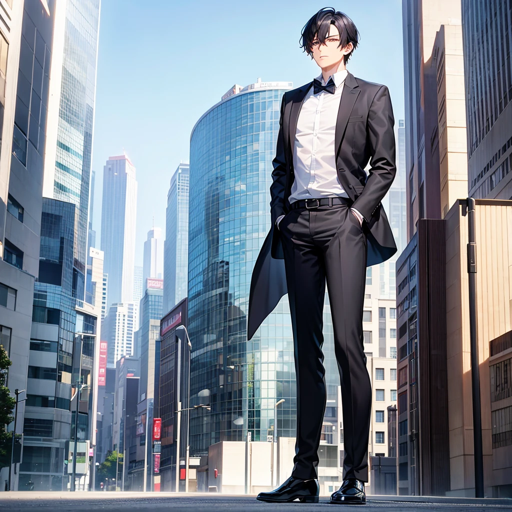 Anime black-haired man in a suit turns his back and stands in the city with his body half-closed.