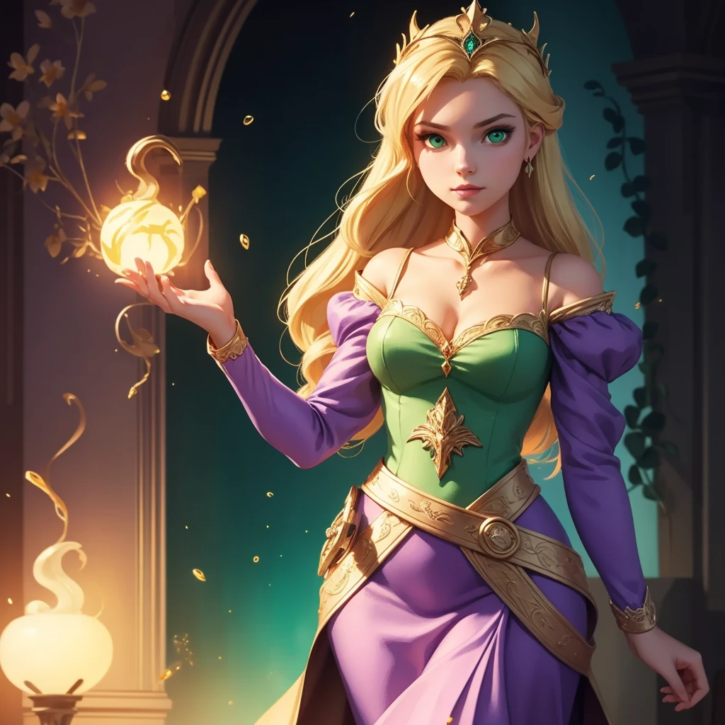 Flower Princess, Rapunzel, Beautiful, Glowing yellow glow, Long blonde hair, Green eyes, Lilac dress, Green ivy, Nice young face, Soft tan skin,Art germ, Ultra-detailed and sophisticated Gothic art trends in Artstation's ternary colors, Fantastical, intricately details, Splash screen, Complementary colors, fantasy concept art,