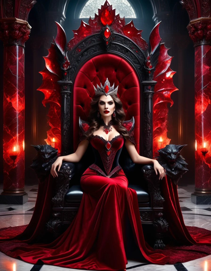 a picture of a vampire queen sitting on her dark throne, a vampire queen wearing dark red dress, royal dress, dynamic hair, bold intense eyes, extremely exquisite beautiful queen, ultra feminine, ultra detailed face, red lips, red glowing eyes, she sits on a dark frightful, a throne of fear, and might, throne carved from black marble , symmetric design, with many carvings in the marble, decorated with rubies, and opal gems, dark fantasy hall room background, (masterpiece: 1.4) intense details, highly detailed, photorealistic, best quality, highres,16k, [ultra detailed], masterpiece, best quality, (extremely detailed), close up, ultra wide shot, photorealistic, RAW, fantasy art, dnd art, fantasy art, realistic art,((best quality)), ((masterpiece)), (detailed: 1.5), ladyshadow, RagingNebula