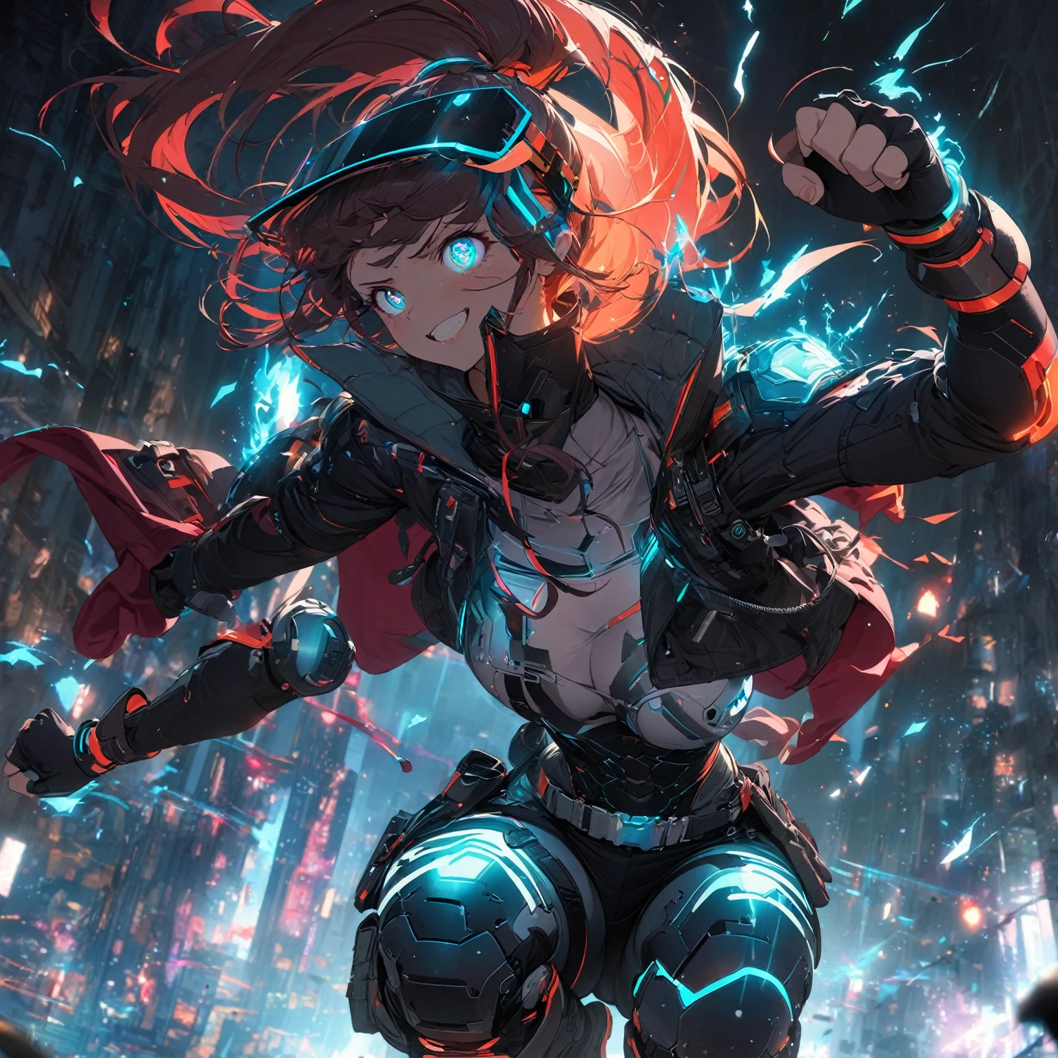  A girl with an athletic build, (nude:0.8), in a dynamic pose showcasing agility, with an excited facial expression, wide sparkling eyes, a broad smile or shout, and clenched fists, wearing a sleek, fitted, armored bodysuit with reinforced segments and glowing circuitry patterns, a cropped, high-collar leather jacket with metallic studs, lightweight cyber-enhanced bracers with holographic interfaces, fingerless gloves with glowing runes, combat-ready pants with reinforced knee pads and utility pockets, a utility belt with a glowing buckle, high-tech shin guards with thrusters and retractable blades, sturdy knee-high combat boots with reinforced soles, her hair styled in a high ponytail or braided with metallic threads and glowing beads, a sleek augmented reality visor with metallic feathers, in a color scheme of dark tones with bright glowing accents, a short, asymmetrical color-changing cloak with glowing runes, and small mystical charms or amulets, in a dark and dramatic setting with a ruined cityscape or futuristic battleground, enhanced with sparks and energy surges illuminating the character and reflecting her fiery, powerful theme, with dynamic lighting emphasizing her energetic pose and excited expression, detailed gorgeous face| anime style| key visual| intricate detail| highly detailed| breathtaking| vibrant| panoramic| cinematic| Carne Griffiths| Conrad Roset| gibbli 8k