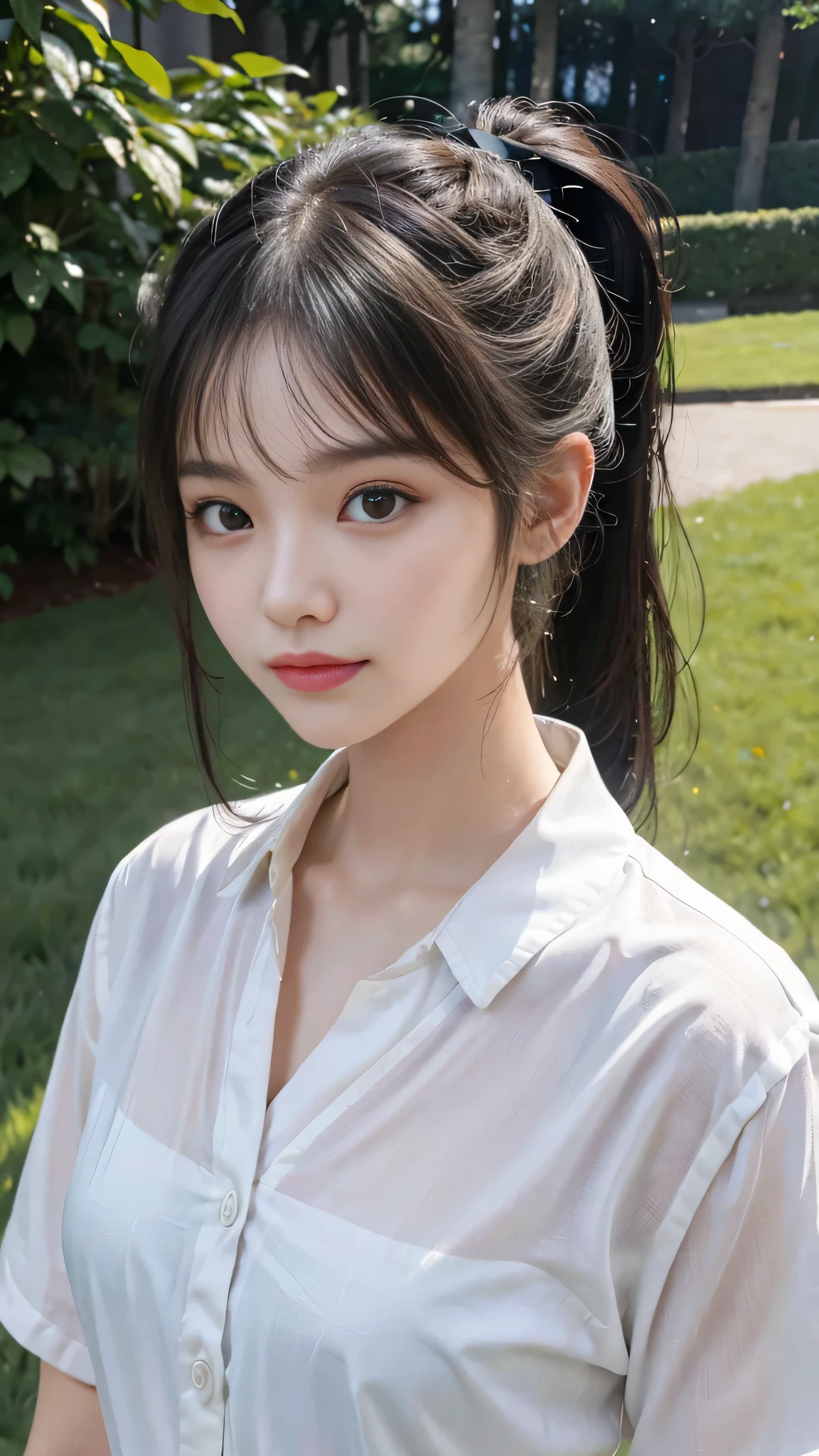 collared dress,European park,On the lawn,Close up face,One woman,masutepiece, The highest image quality, High quality, the background is clear,Beautiful woman, Japanese,Ultra-detailed, finely detail, hight resolution, 8K Wallpaper, Perfect dynamic composition, Beautiful detailed eyes , Detailed, Detailed eyes, Detailed skin, Beautiful skin, 超hight resolution, (reality: 1.4),Very beautiful woman, Slightly younger face, Beautiful skin, slender, (Ultra photo realsisim), (hight resolution), (8K), (Very detailed) (beautifully detailed eyes), (super detailed), (Detailed face), view the viewer, Fine details, Detailed face, Staring straight ahead, Staring straight ahead, photos realistic, Bright lighting, Professional Lighting, Black hair,poneyTail,a baby face,sixteen years old,Hairstyle: ponytail,Long ponytail hairstyle,slight smile,neat and tidy clothing,Beautiful Japanese KPOP idol photo, hair style is ponytail, my eyes are double and wide, baby face, smile and look straight ahead, slender, small breasts,Close up face,