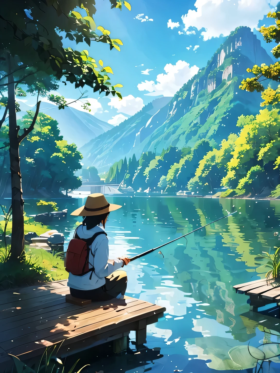 Woman fishing alone on a lake、Long fishing rod、Daytime、Sit by the lake、I'm a little 、Wearing a hoodie、summer、Crystal clear water