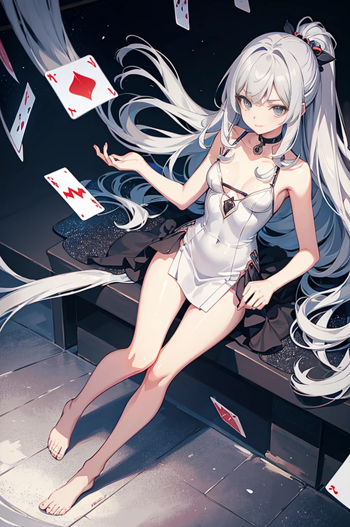 Anime-style illustrations, Highest quality, 4K, Girl 1, alone, Playing a card game, Delighted, acting cool, (Gray Hair, Long Hair, micro dress, one piece, Small breasts, The body is slim ), School, classroom,