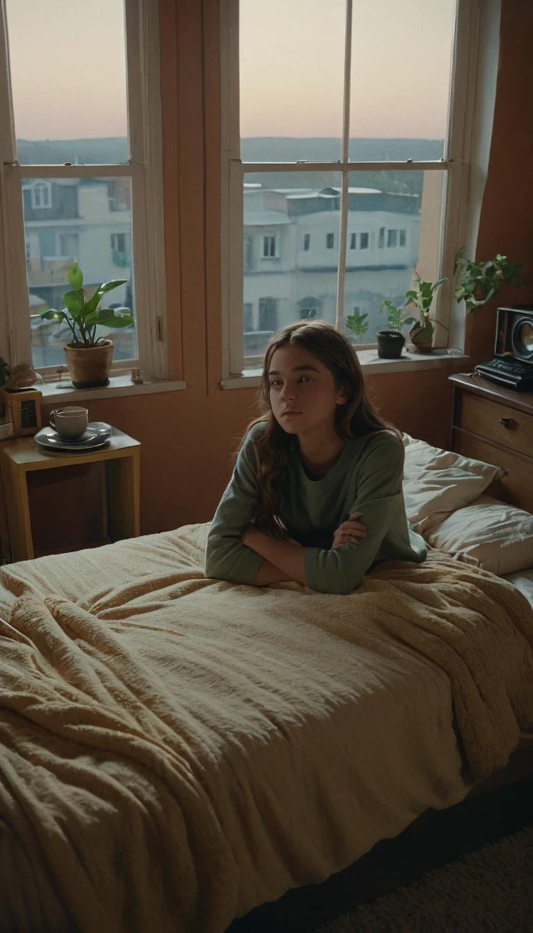 1970s theme, movie scene, 18yo girl, bedroom, desk, feminim room, realistic, looking at viewer, window, lost in thought, arms hugging the pilow, from above, dim light at cozy bedroom,
cinematic, vintage color grading,
35 mm -