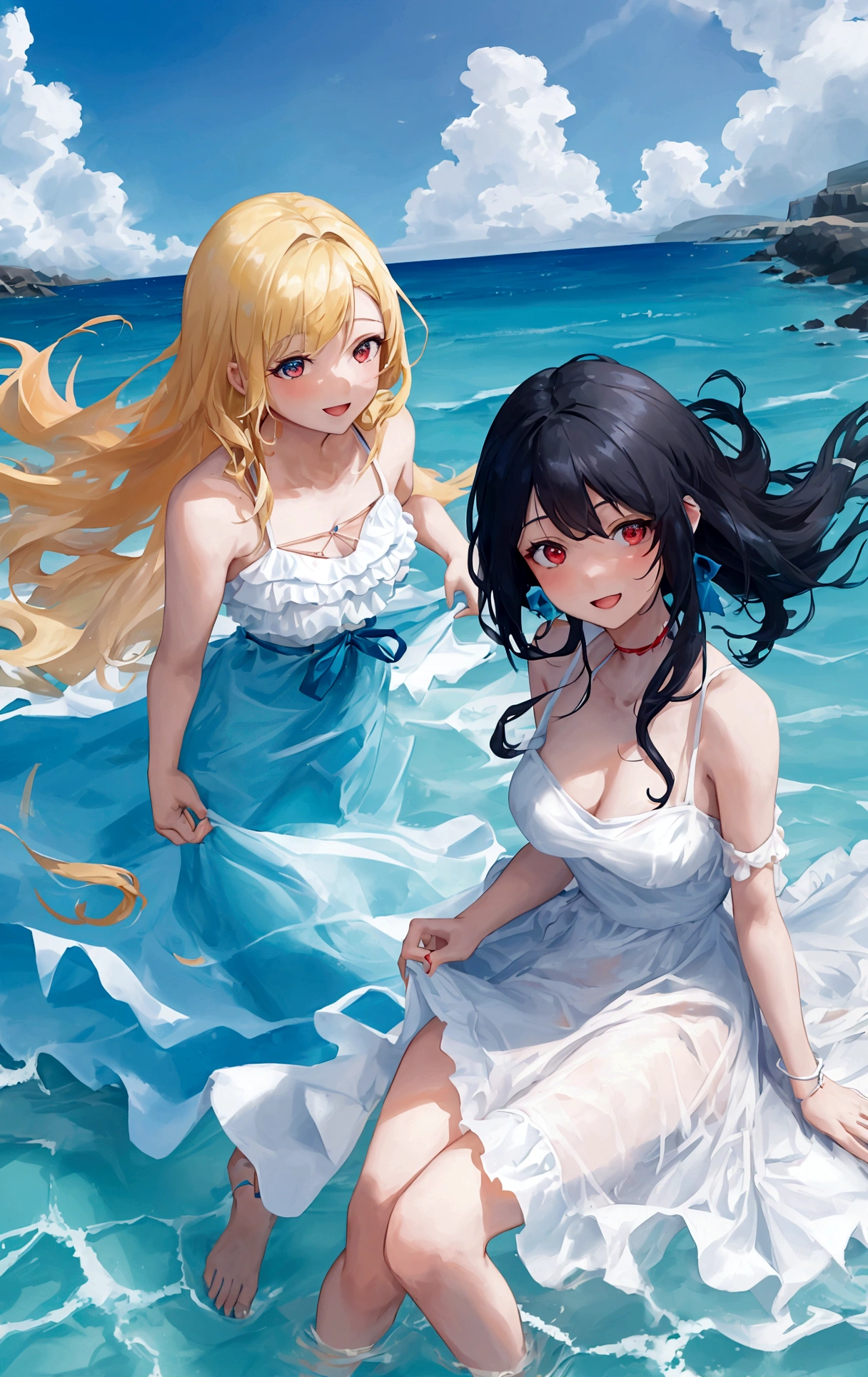 two women on the beach which has clear blue water, bright shining skies. . The first woman has black hair and red eyes and wears a light red beach dress, while the second woman has blonde hair and blue eyes and wears a light blue beach dress.they were both playing in the water and smiling brightly