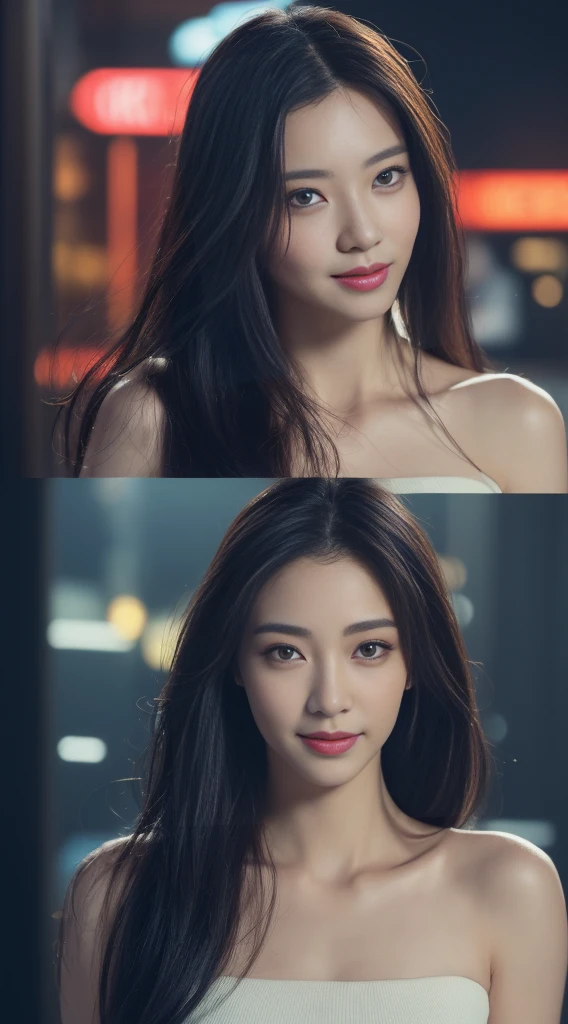 ((top-quality、8K、masterpiece:1.3))、sharp:1.2、Perfect Body Beauty:1.4、Slim abs:1.2、Big、Beautiful face、A smile、((Career Woman:1.3))、(Cyberpunk background:1.2)、Straight hair、Highly detailed facial and skin texture、A detailed eye、Aspect of looking at the camera