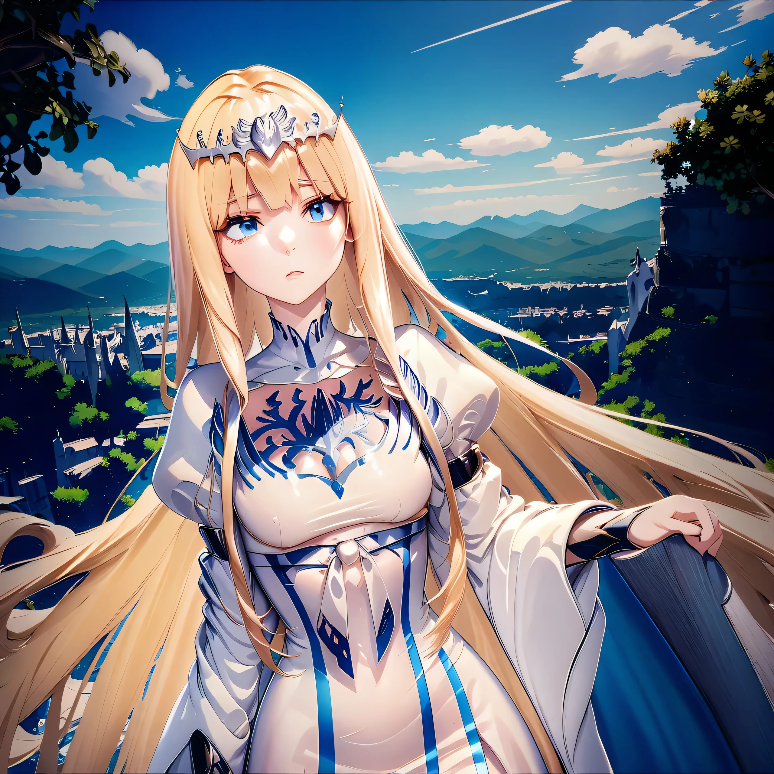 Elegant adult woman, looking into the distance, blue eyes, Long hair,, , 4K resolution, High-quality CG, ,1girl, solo, Calca, Calca Bessarez, blonde hair, (extremely long hair:1.3), very long hair, white tiara, white dress, blue eyes, medium chest, extremely long hair, medium breast, yellow hair color