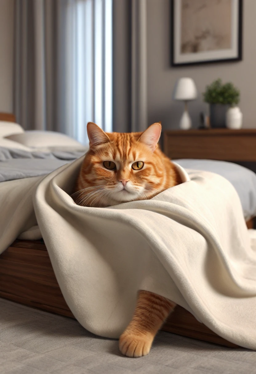 inside bedroom there is a chubby cat that is laying under a blanket on the bed, a sick cat laying in a bedroom, gif, awww, ginger cat, very very realistic, very hyper realistic,